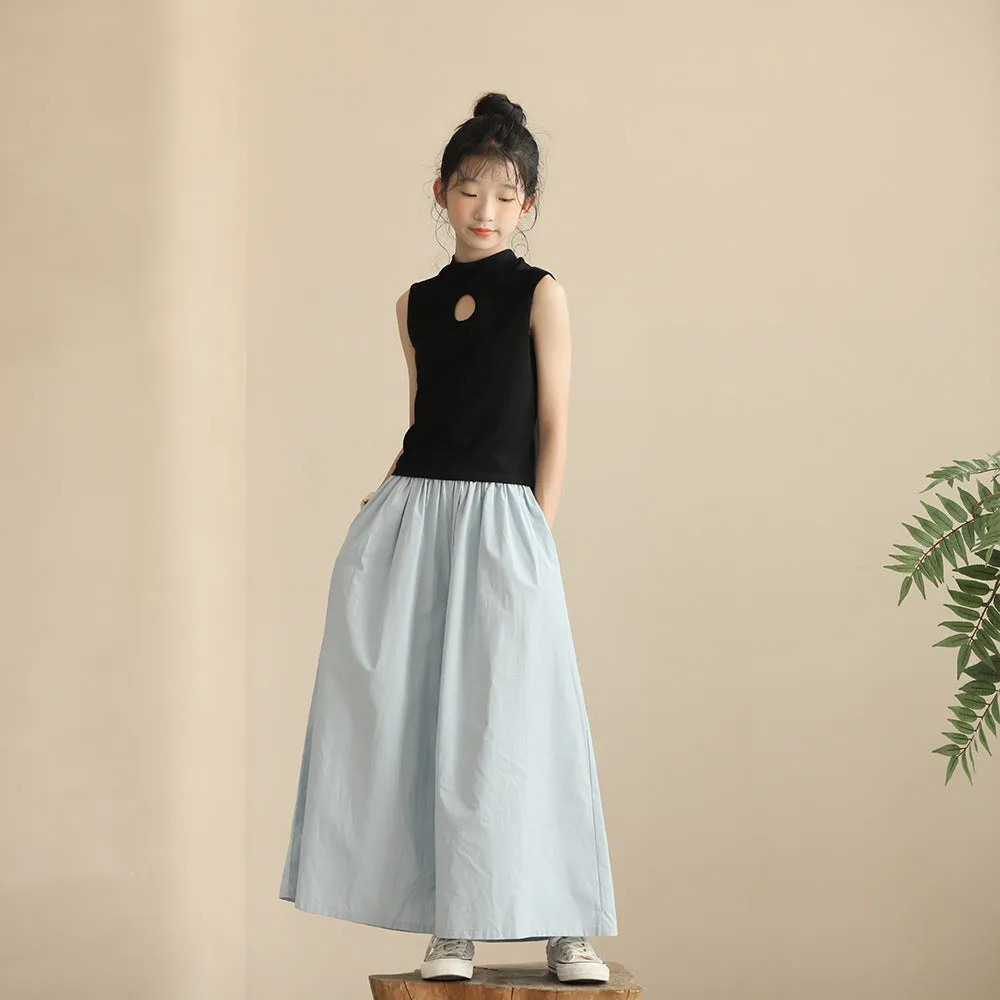 日系 圆圈镂空T恤/ 天蓝色裙裤 Slim-Fit Top/ Culottes in Sky Blue