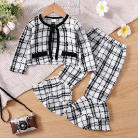 2-piece Toddler Girl Plaid Tweed Cardigan and Layered Flared Pants Set