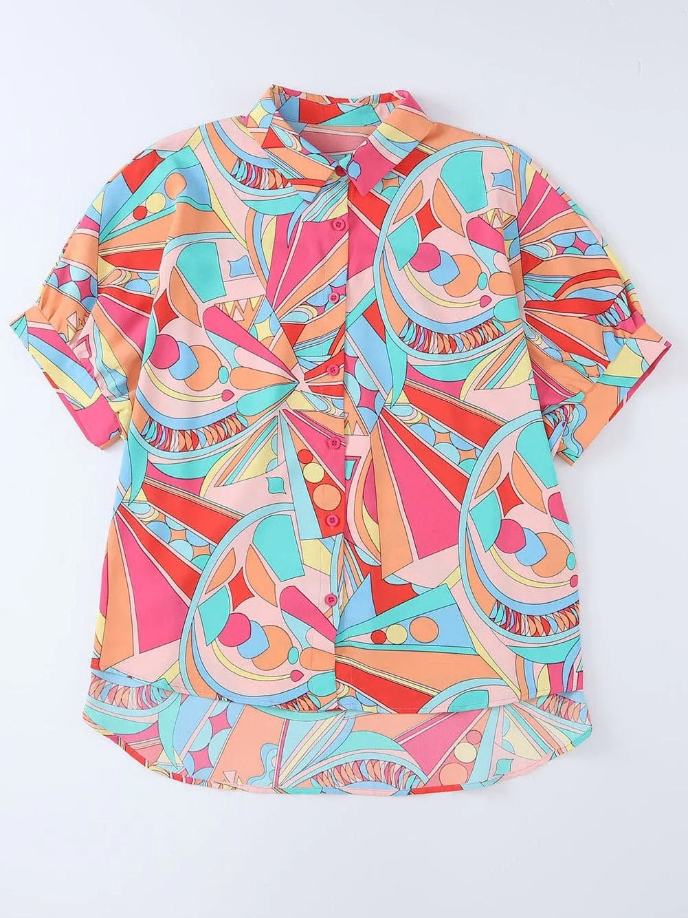 Abstract Geometry Print Puff Sleeve Blouse - Multicolor Shift Shirt