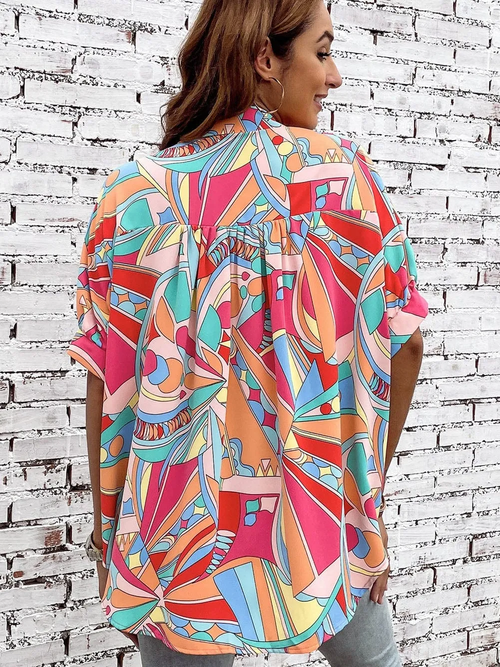 Abstract Geometry Print Puff Sleeve Blouse - Multicolor Shift Shirt