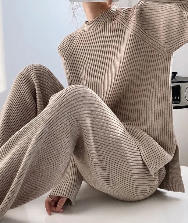 Autumn Winter Fashionable with Side Slit Sweater Suit Thickened Knitting Wide Leg Pants Two Piece Set Female