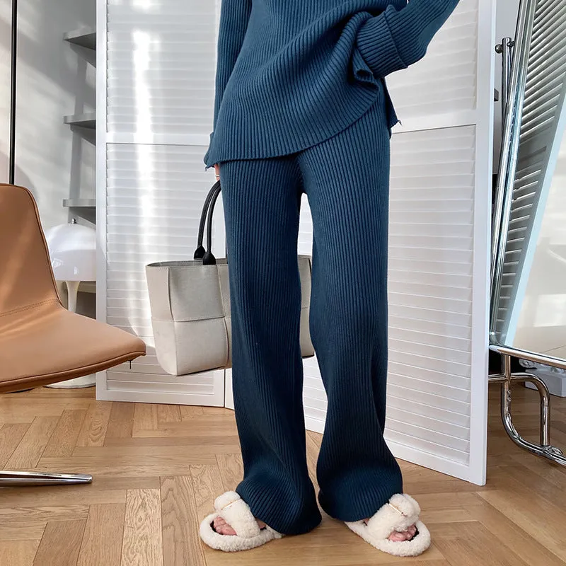 Autumn Winter Fashionable with Side Slit Sweater Suit Thickened Knitting Wide Leg Pants Two Piece Set Female