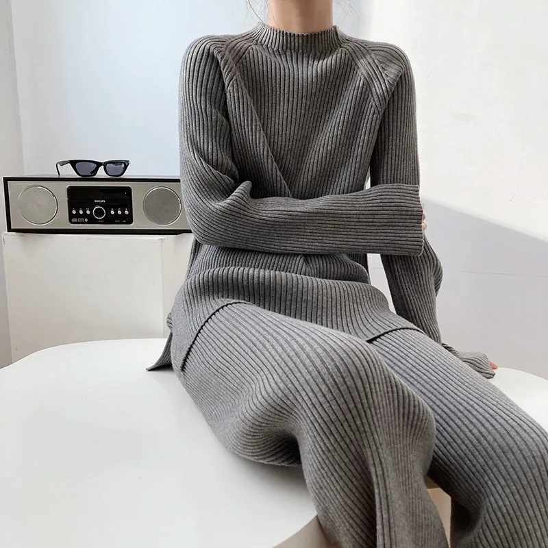 Autumn Winter Fashionable with Side Slit Sweater Suit Thickened Knitting Wide Leg Pants Two Piece Set Female