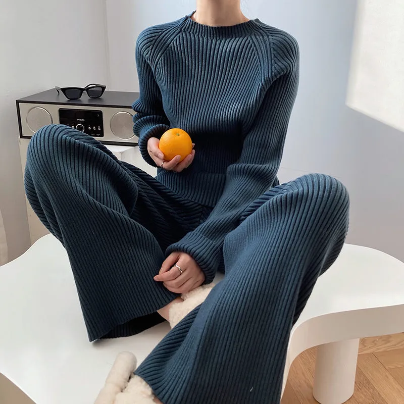 Autumn Winter Fashionable with Side Slit Sweater Suit Thickened Knitting Wide Leg Pants Two Piece Set Female