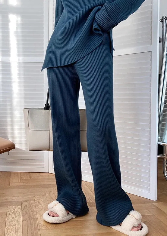 Autumn Winter Fashionable with Side Slit Sweater Suit Thickened Knitting Wide Leg Pants Two Piece Set Female