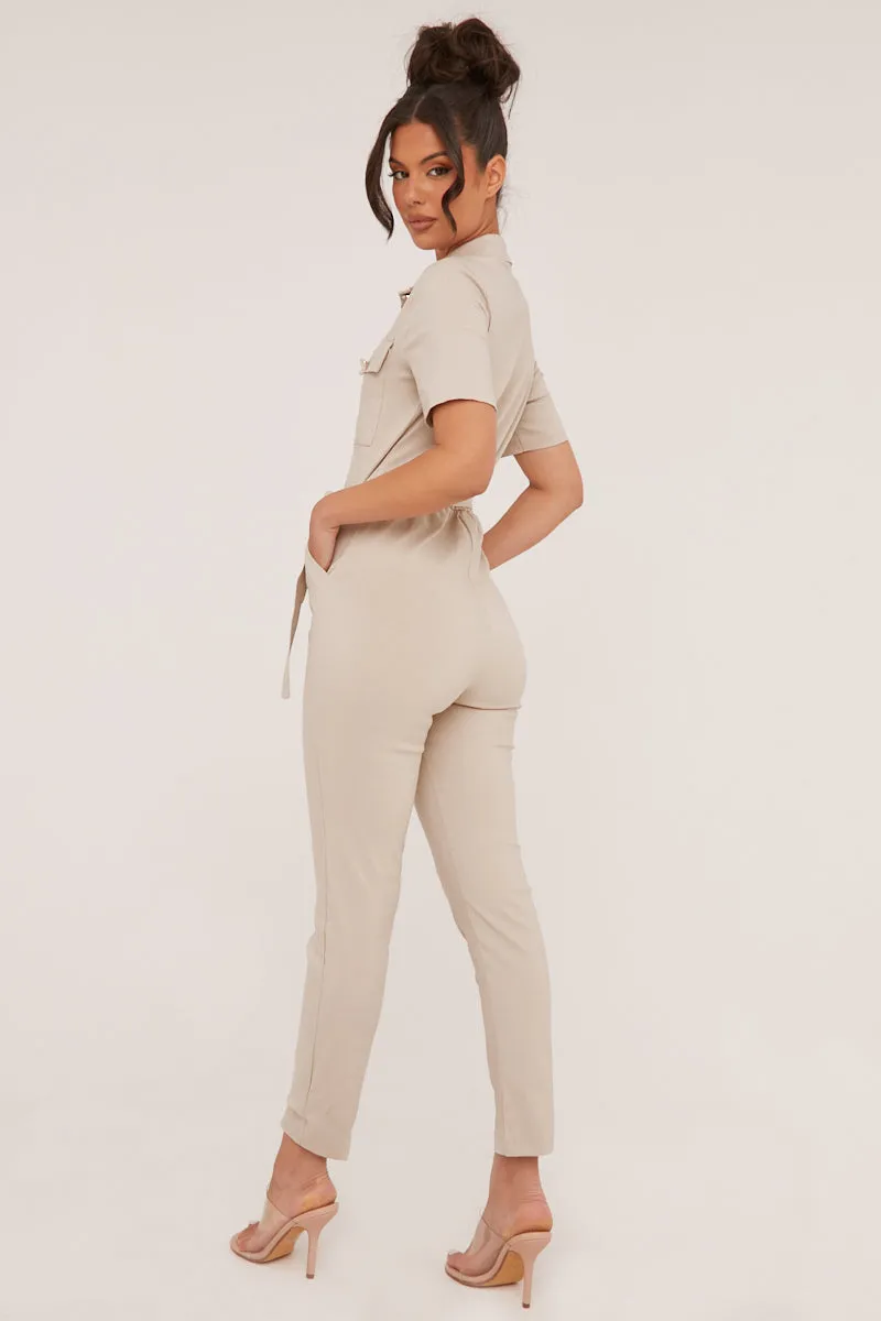 Beige Button Up Front Utility Jumpsuit - Crystal