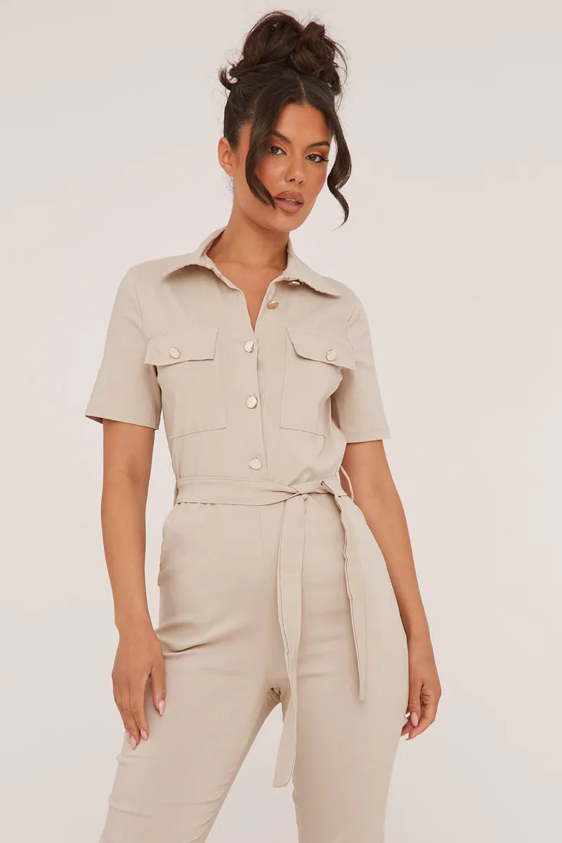 Beige Button Up Front Utility Jumpsuit - Crystal