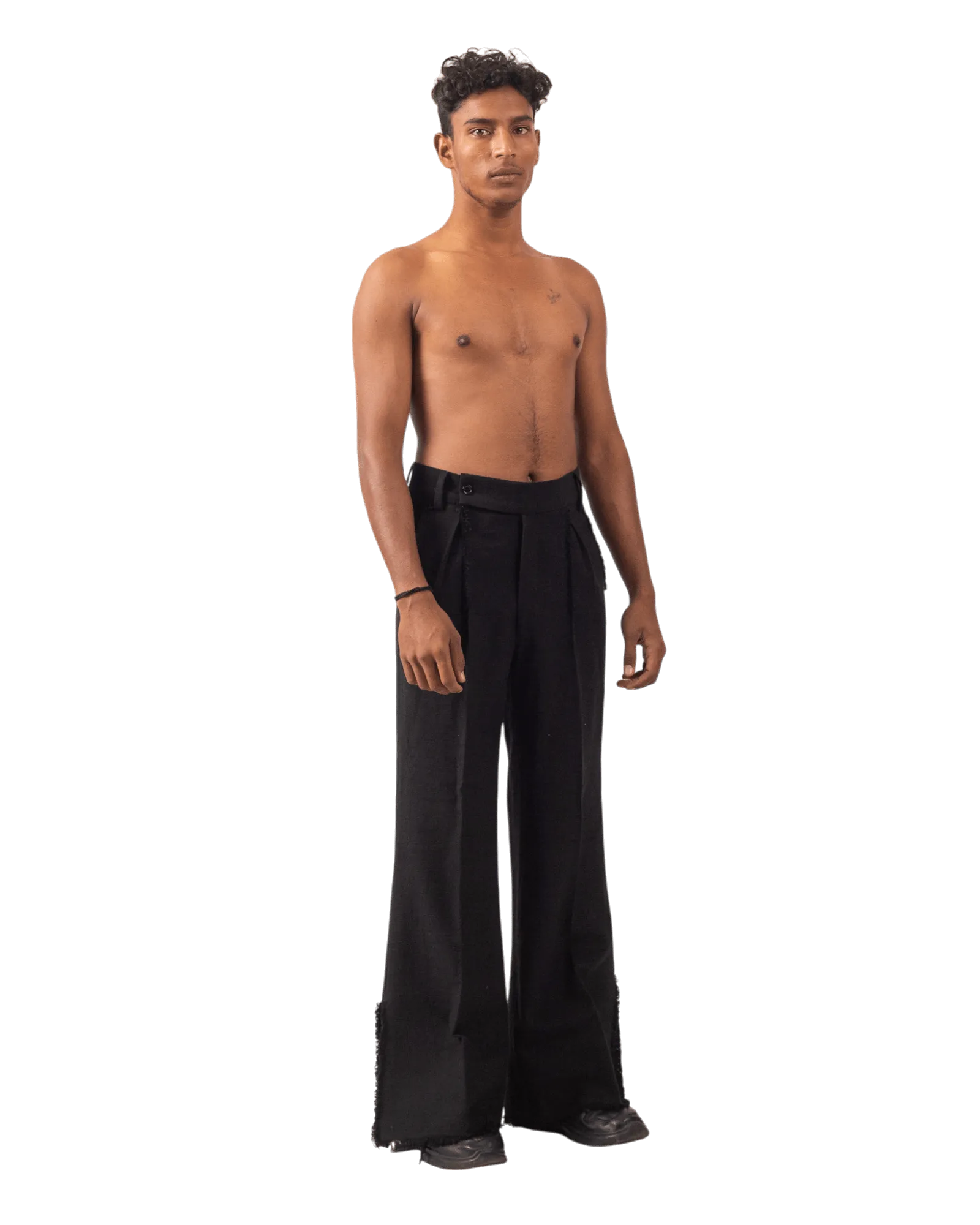 BLACK FRAYED KHADDAR DOUBLE-PLEATED PANTS