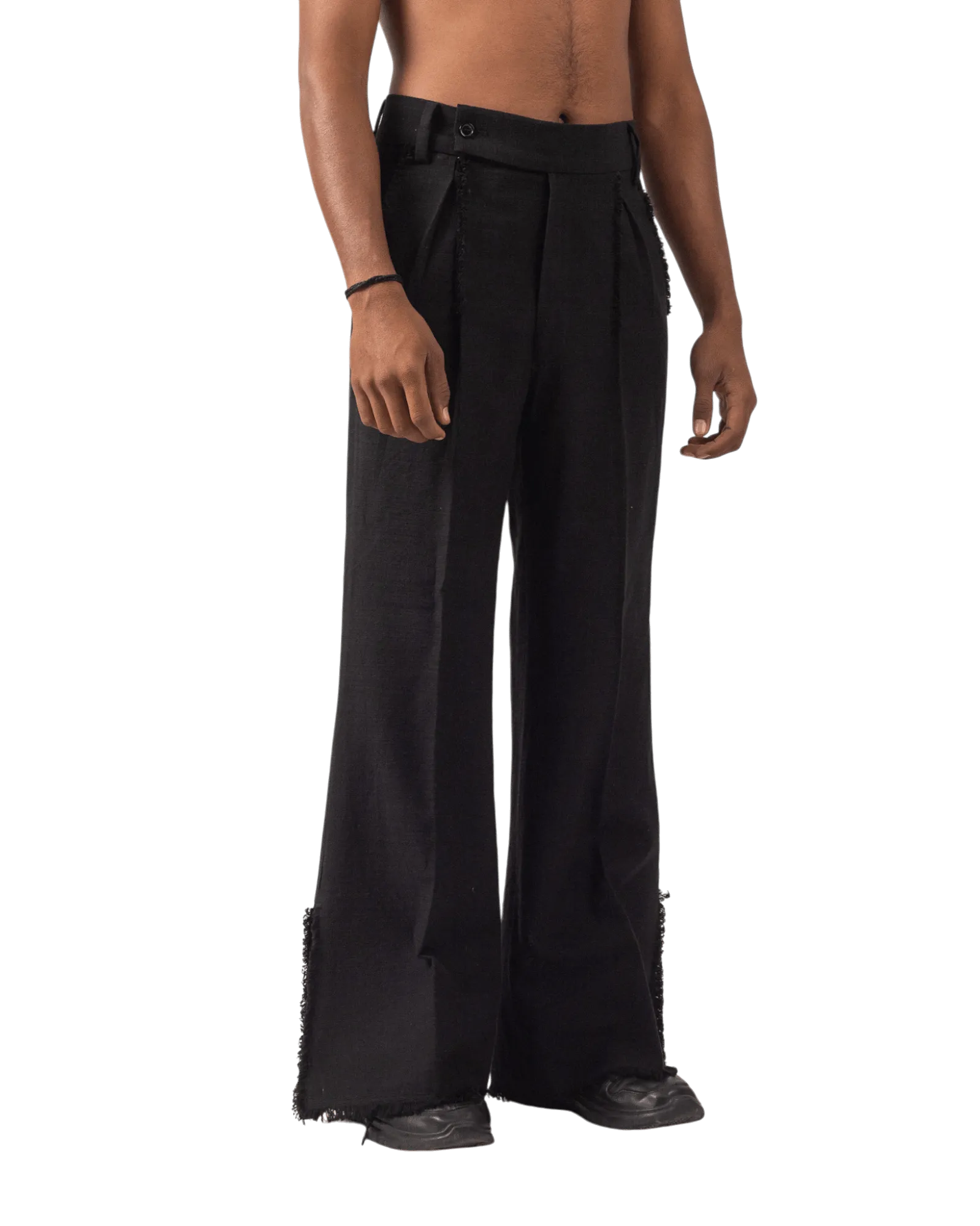 BLACK FRAYED KHADDAR DOUBLE-PLEATED PANTS