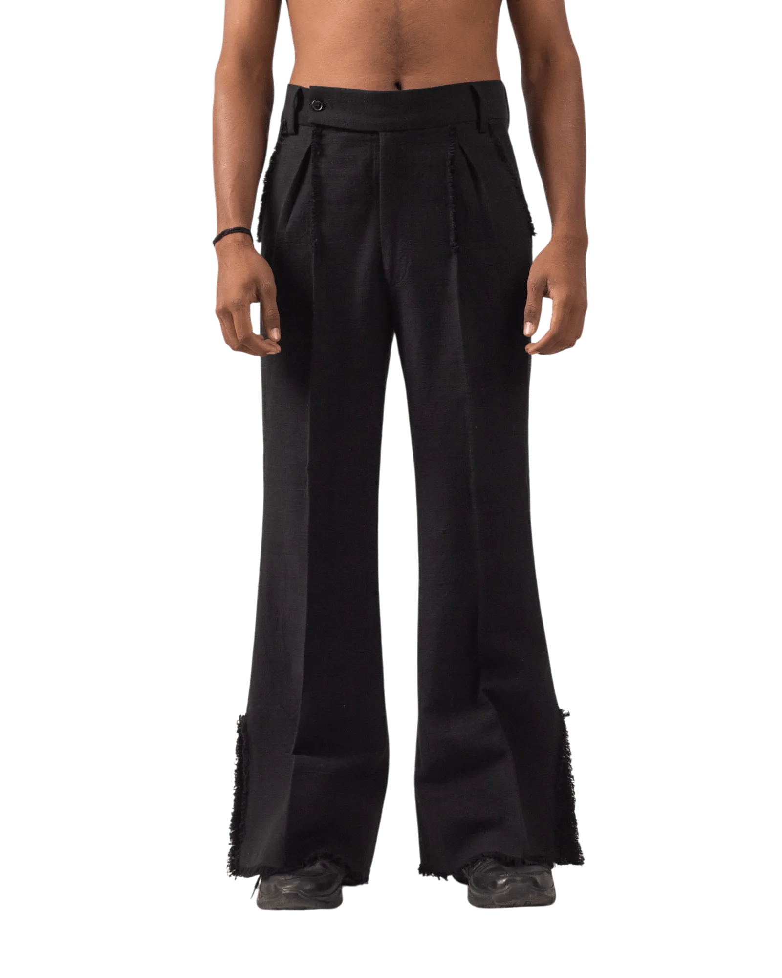 BLACK FRAYED KHADDAR DOUBLE-PLEATED PANTS