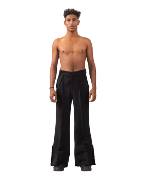 BLACK FRAYED KHADDAR DOUBLE-PLEATED PANTS