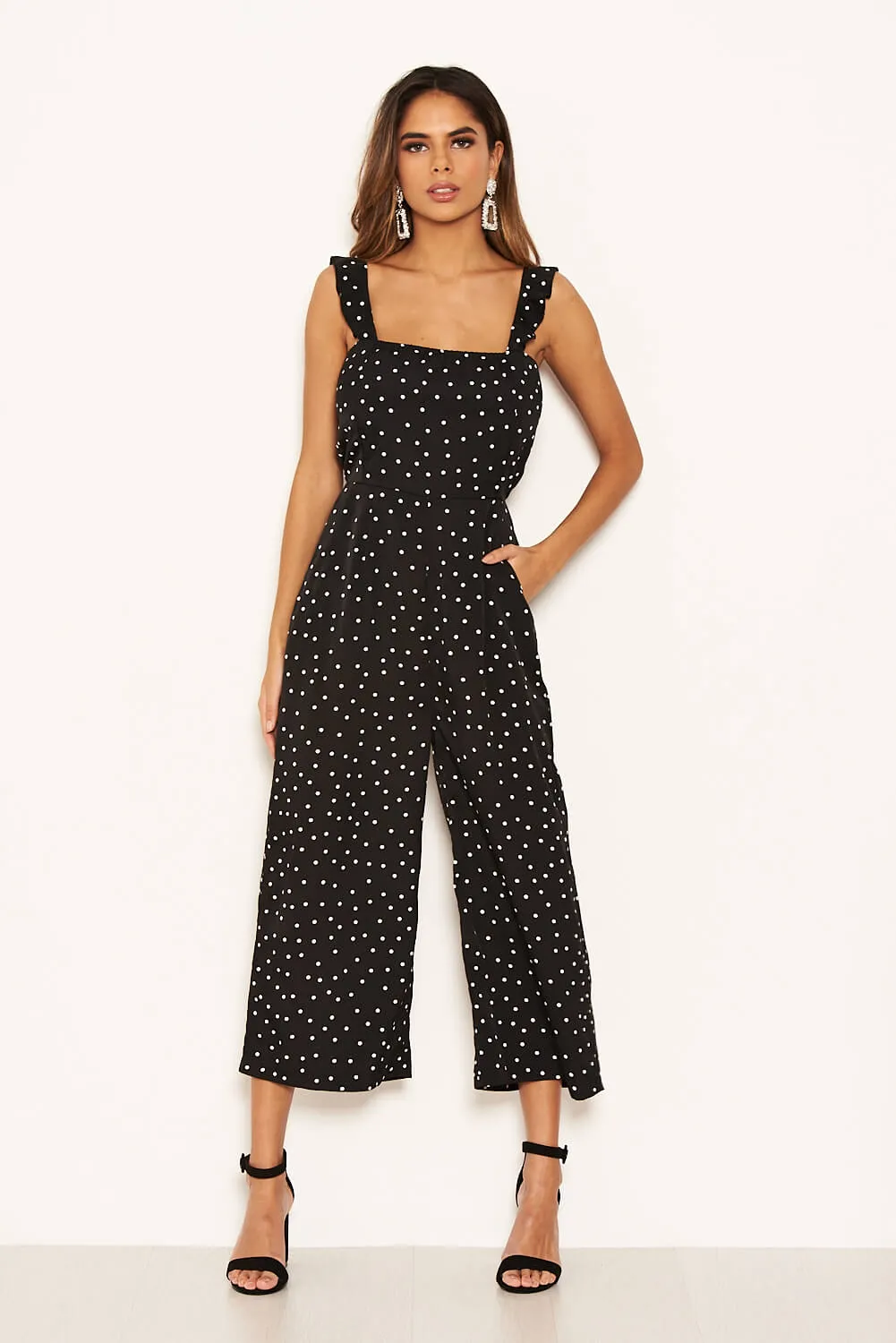 Black Polka Dot Frill Culotte Jumpsuit