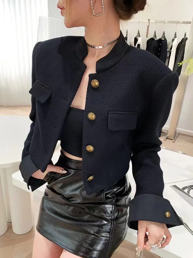 Black Single Breasted Jacket For Women Stand Collar Long Sleeve Solid Minimalist Jackets Female Fashion Clothes