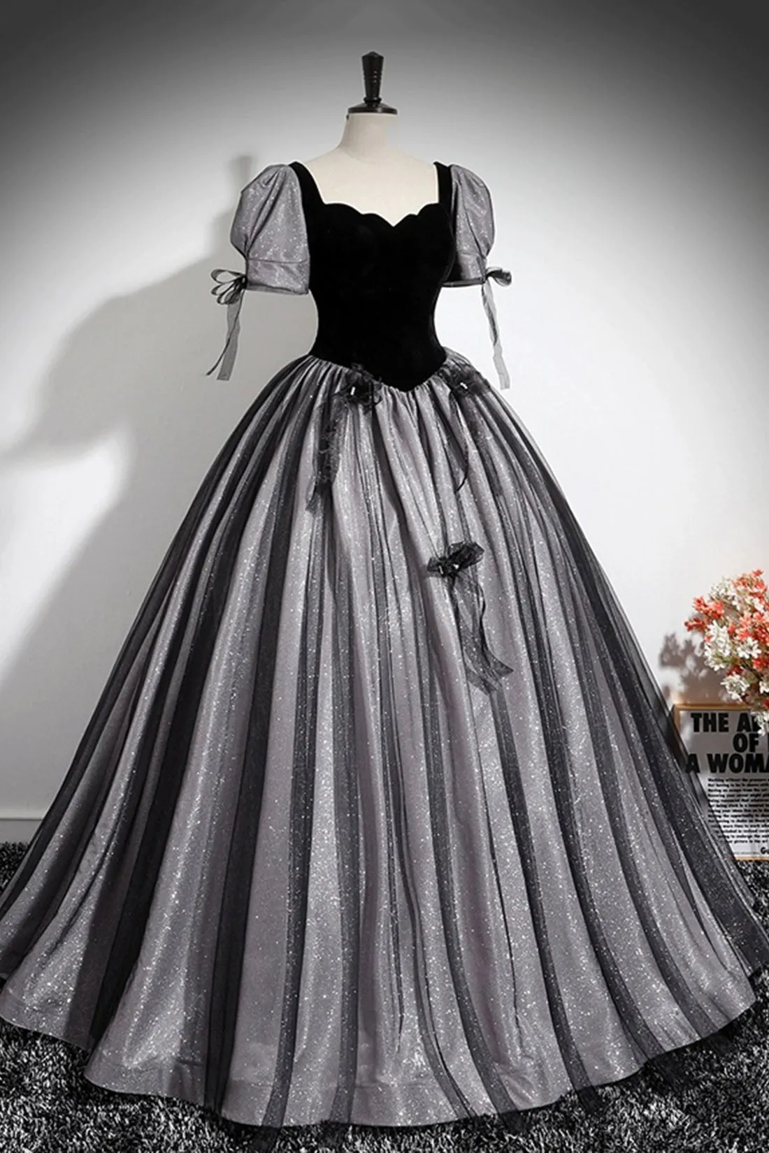 Black Velvet Tulle Long Prom Dress, Black A-Line Evening Party Dress