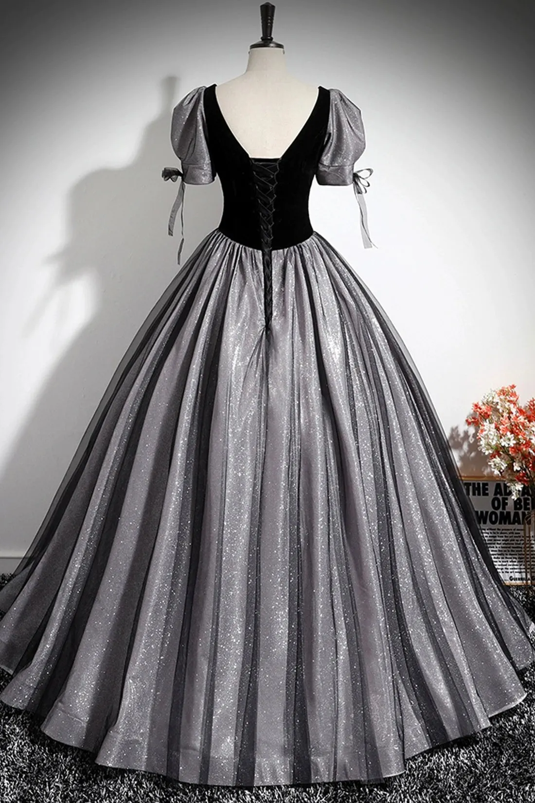 Black Velvet Tulle Long Prom Dress, Black A-Line Evening Party Dress