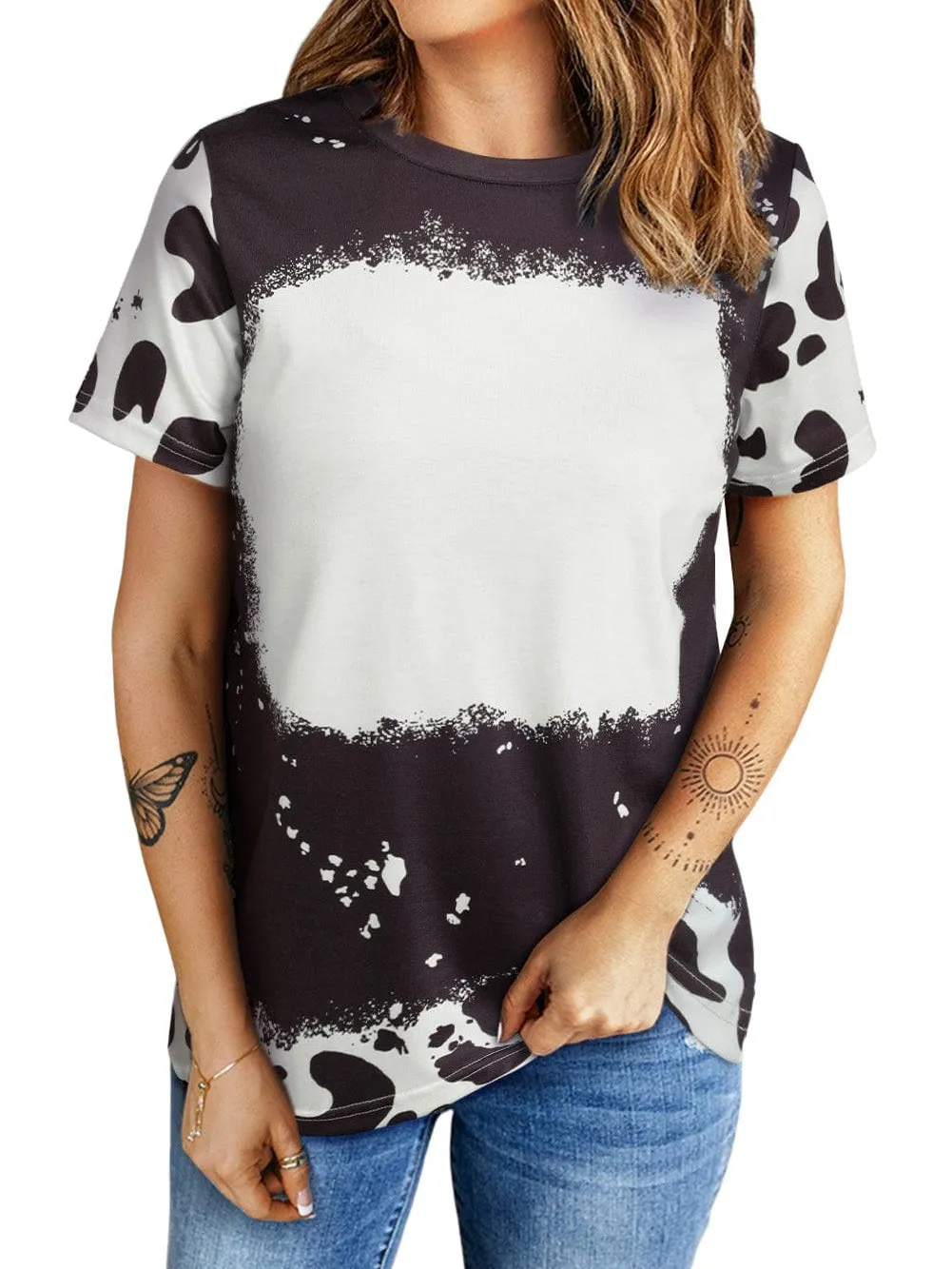 Bleached Black Tie Dye Round Neck Short Sleeves Top