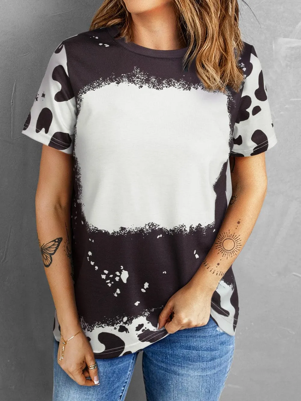 Bleached Black Tie Dye Round Neck Short Sleeves Top