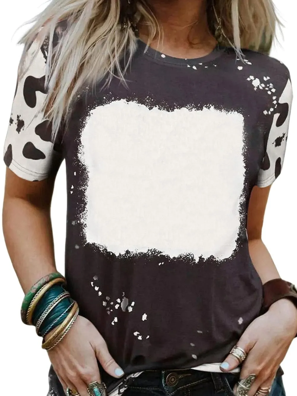 Bleached Black Tie Dye Round Neck Short Sleeves Top