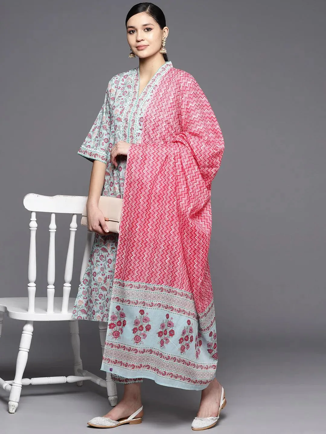 Blue Printed Cotton A-Line Kurta With Trousers & Dupatta