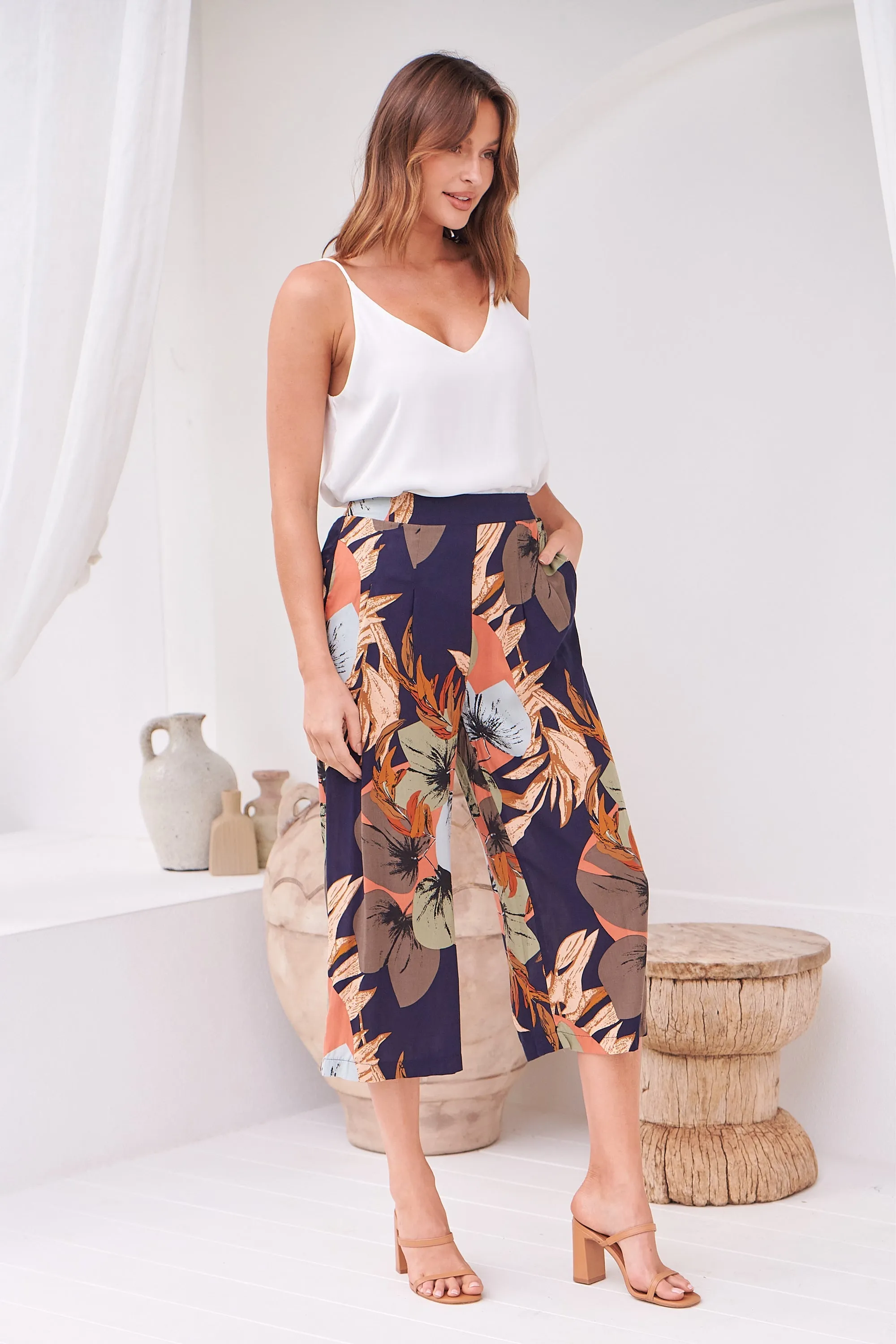 Calypso Navy/Multi Floral Print Culotte Pants