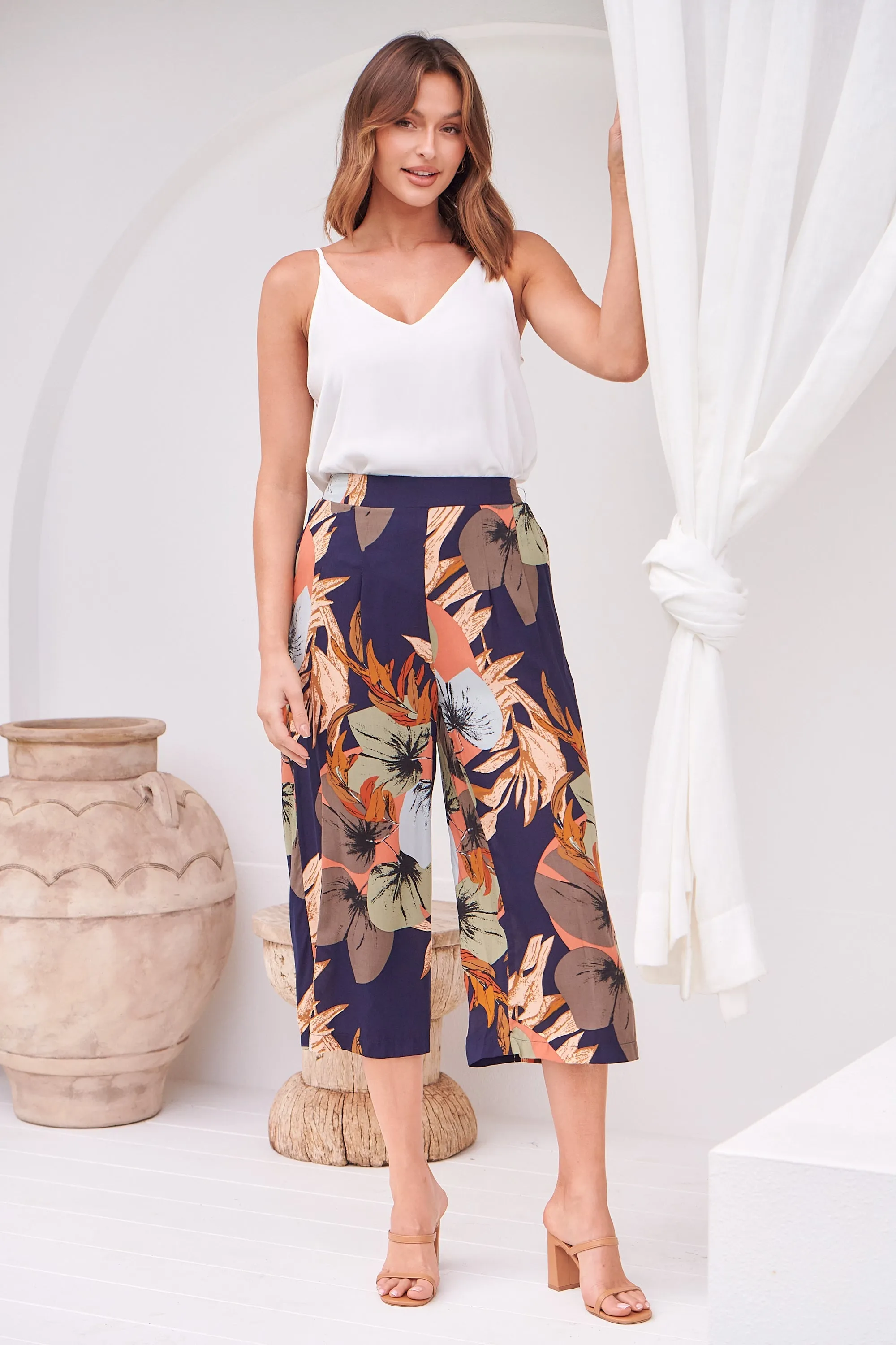 Calypso Navy/Multi Floral Print Culotte Pants