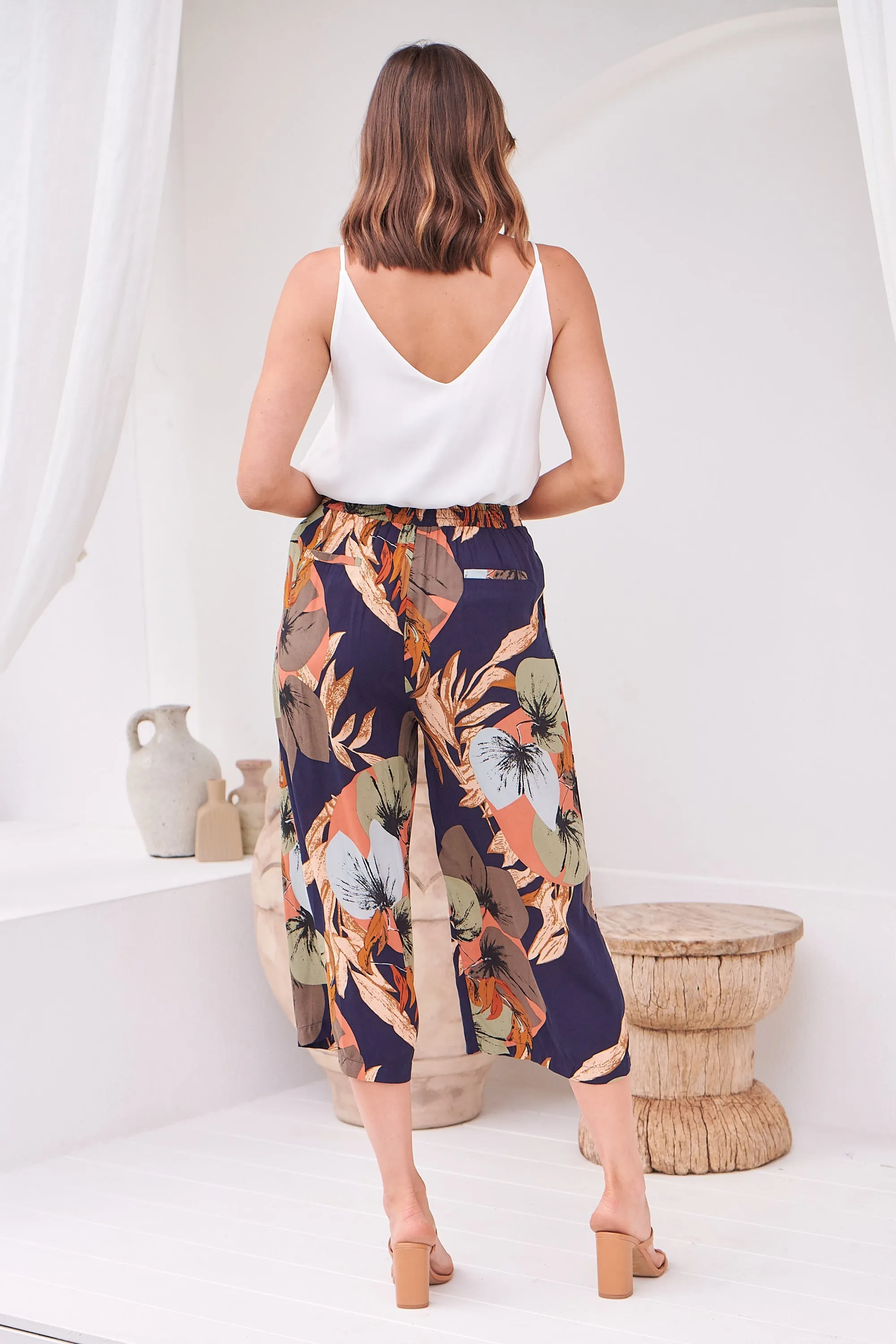 Calypso Navy/Multi Floral Print Culotte Pants