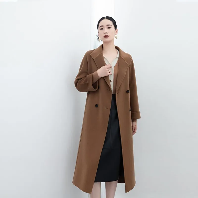 Camel Double Breasted Wool Coats with Belt