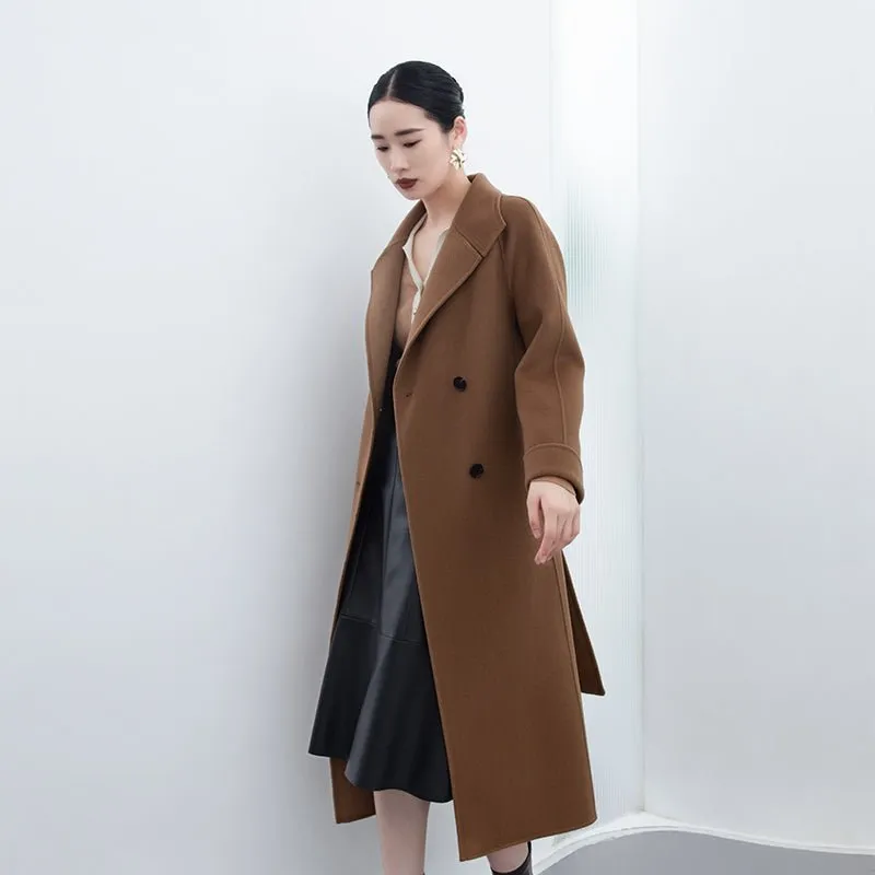 Camel Double Breasted Wool Coats with Belt