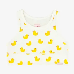 Camisole courte banche avec motifs de canards jaunes en coton extensible, enfant  || White short camisole with yellow duck all over print in stretch coton, child