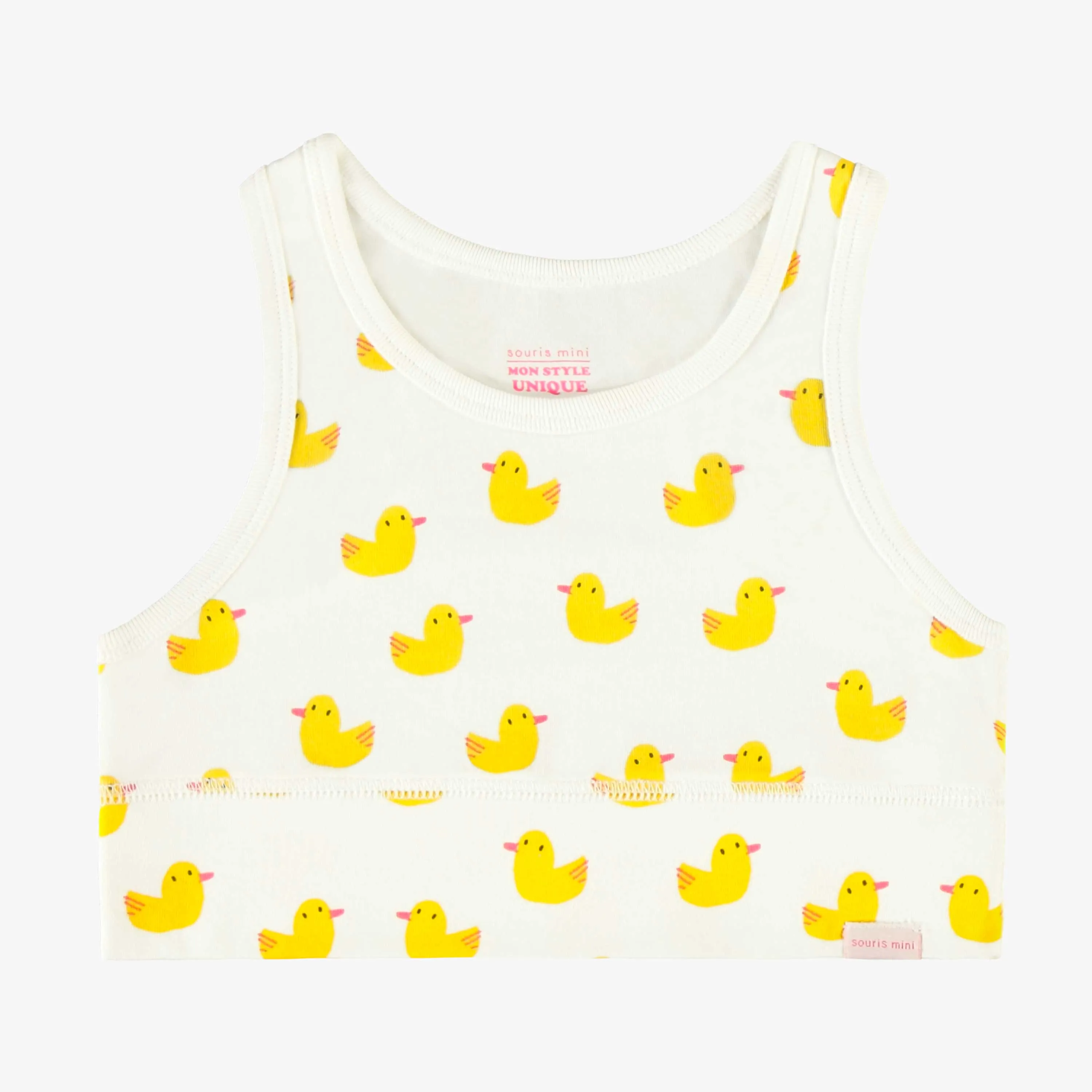 Camisole courte banche avec motifs de canards jaunes en coton extensible, enfant  || White short camisole with yellow duck all over print in stretch coton, child