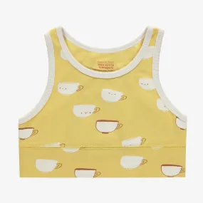 Camisole courte jaune pâle avec motif de tasses en coton extensible, enfant  || Light yellow short camisole with mugs  pattern in stretch cotton, child