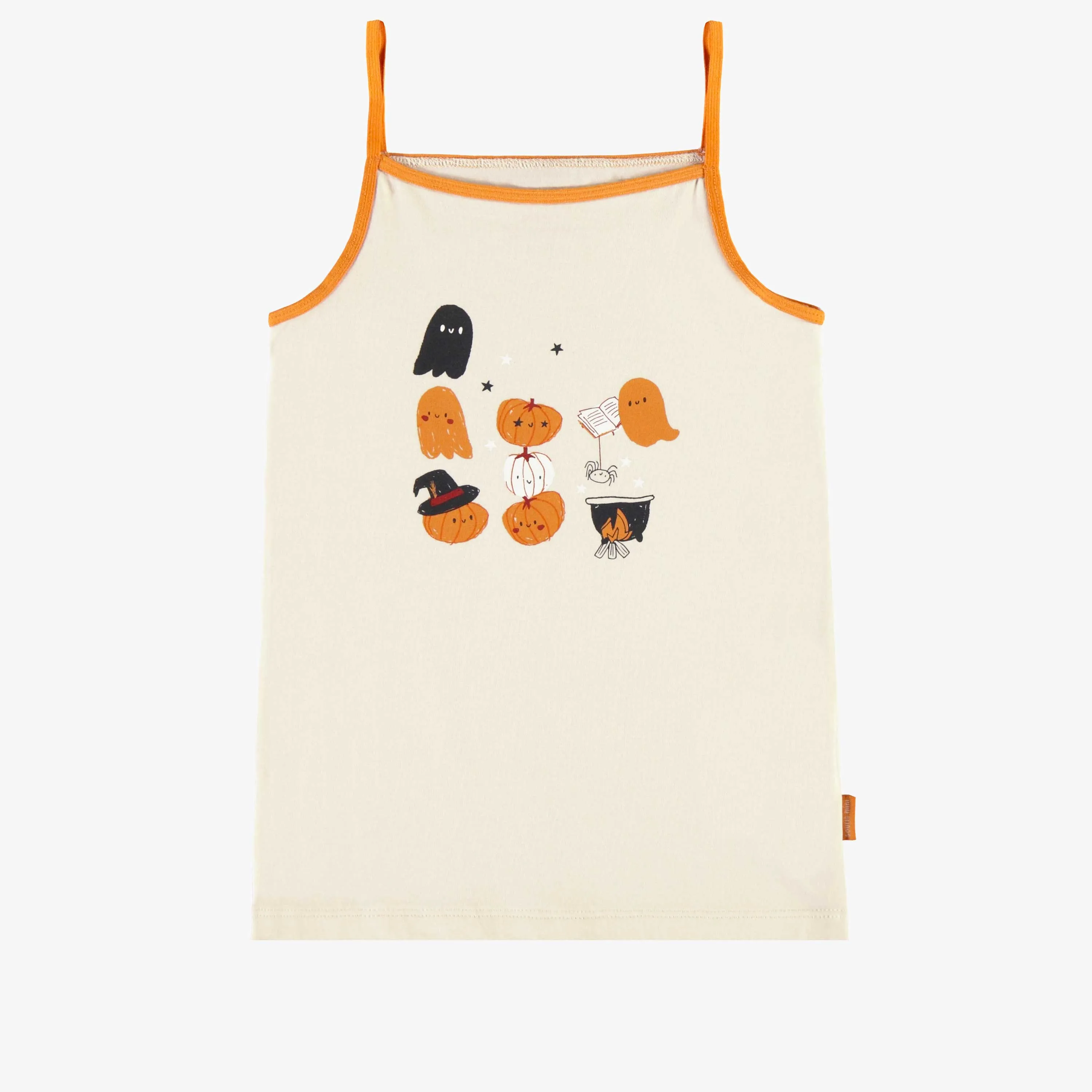 Camisole crème à motifs d'Halloween phosphorescents en jersey extensible, enfant || Cream camisole with glow in the dark Halloween all over print in stretch jersey, child