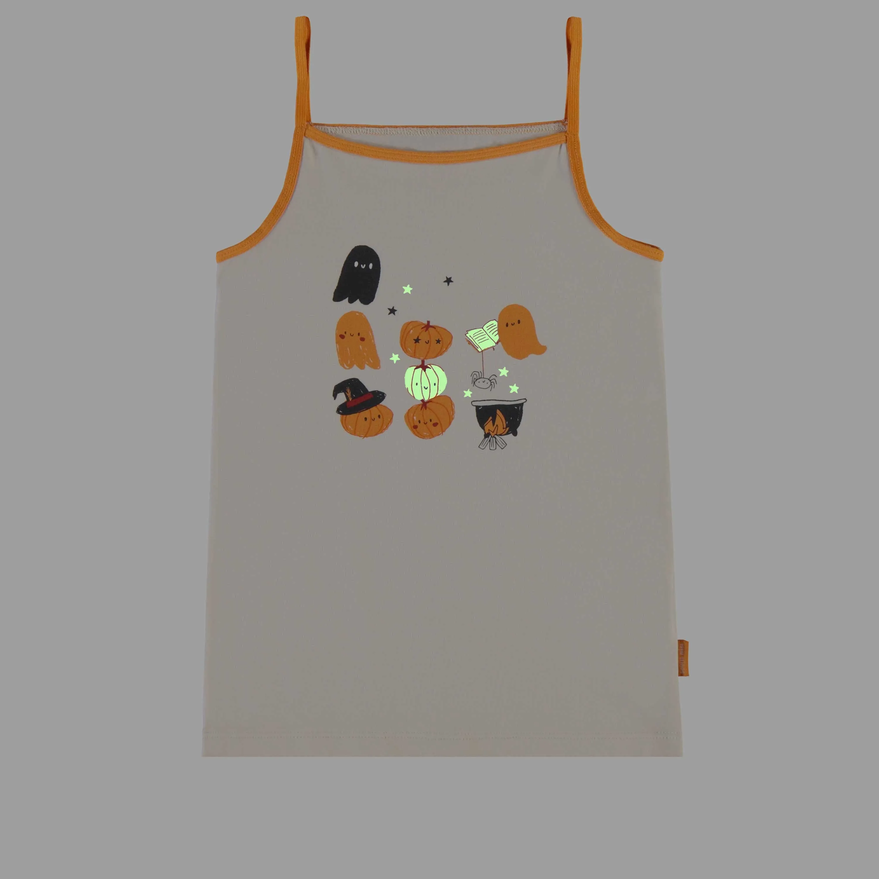 Camisole crème à motifs d'Halloween phosphorescents en jersey extensible, enfant || Cream camisole with glow in the dark Halloween all over print in stretch jersey, child