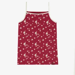 Camisole rouge à motif de cœurs crème en jersey extensible, enfant || Red camisole with cream hearts print in stretch jersey, child