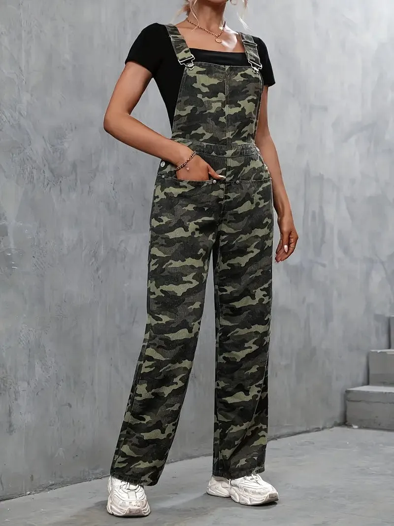 Camo Denim Jumpsuit with Patch Pockets, Traditional Fit Overalls with Straight Legs, Women's Denim Clothing