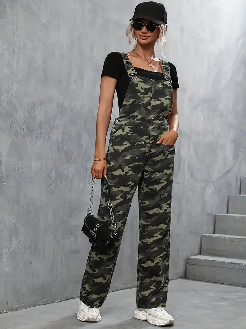 Camo Denim Jumpsuit with Patch Pockets, Traditional Fit Overalls with Straight Legs, Women's Denim Clothing