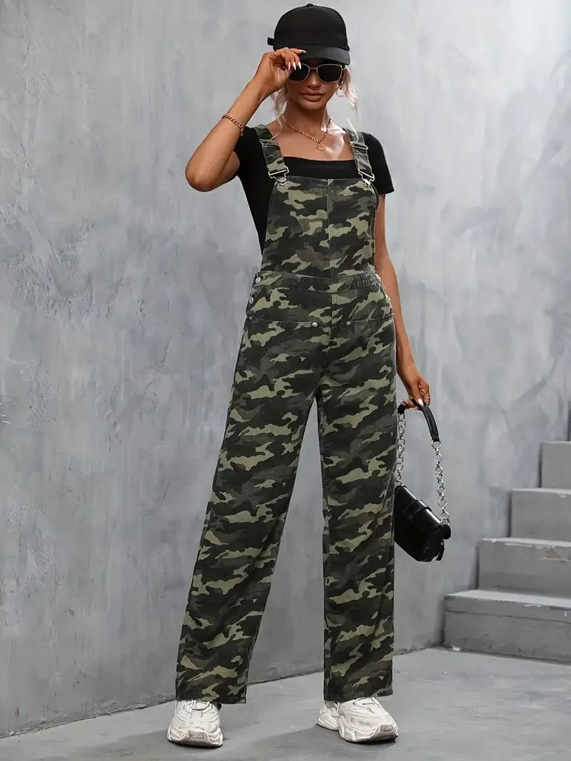 Camo Denim Jumpsuit with Patch Pockets, Traditional Fit Overalls with Straight Legs, Women's Denim Clothing