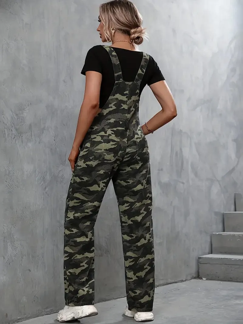 Camo Denim Jumpsuit with Patch Pockets, Traditional Fit Overalls with Straight Legs, Women's Denim Clothing