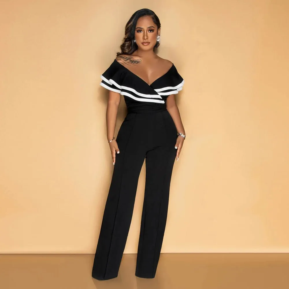 Chic Off-Shoulder Summer Jumpsuit with Ruffled Pant Legs and Belted Detail