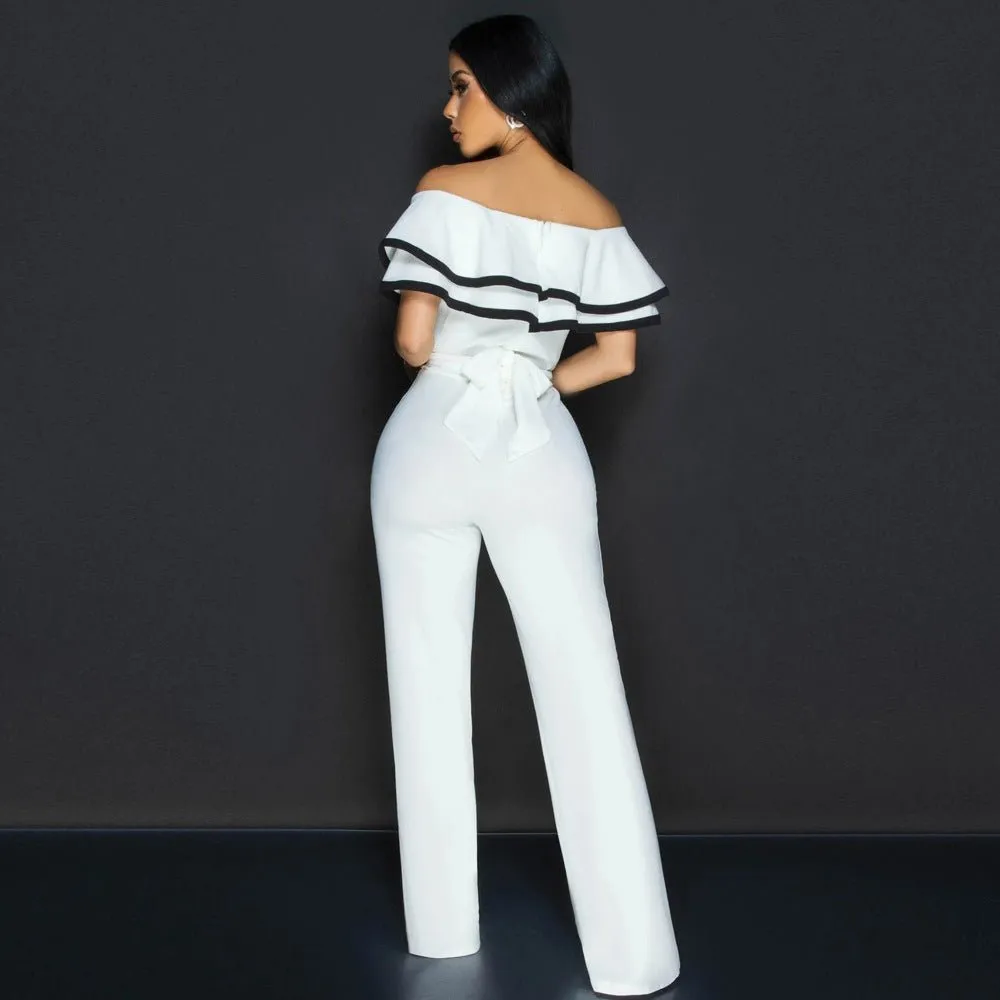 Chic Off-Shoulder Summer Jumpsuit with Ruffled Pant Legs and Belted Detail