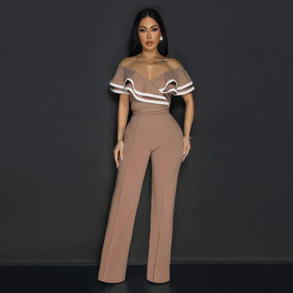 Chic Off-Shoulder Summer Jumpsuit with Ruffled Pant Legs and Belted Detail