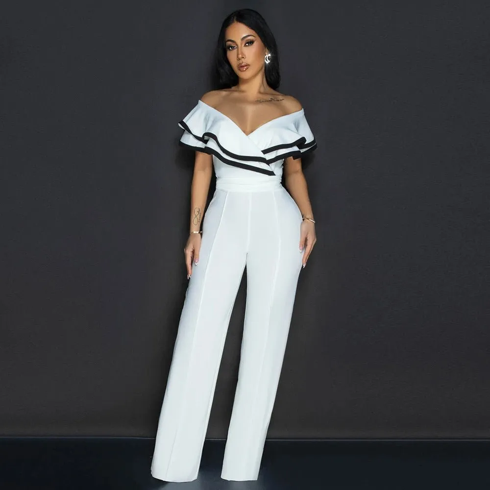 Chic Off-Shoulder Summer Jumpsuit with Ruffled Pant Legs and Belted Detail