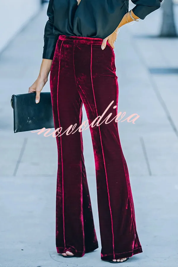 Claudia Velvet High Rise Elastic Waist Flare Stretch Pants