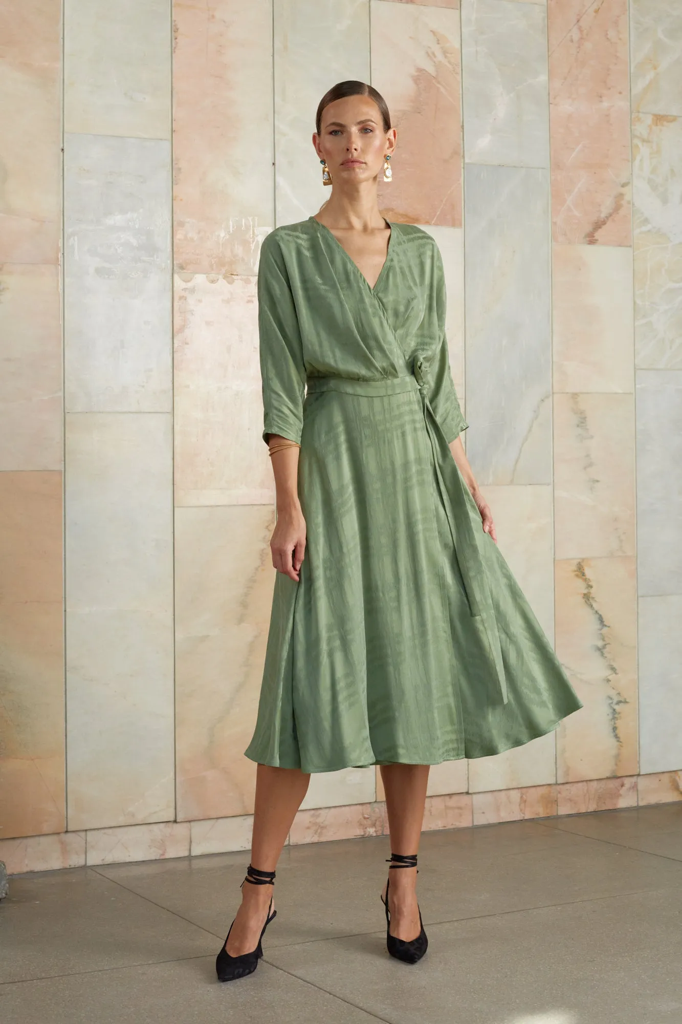 CLEO sage green midi wrap dress