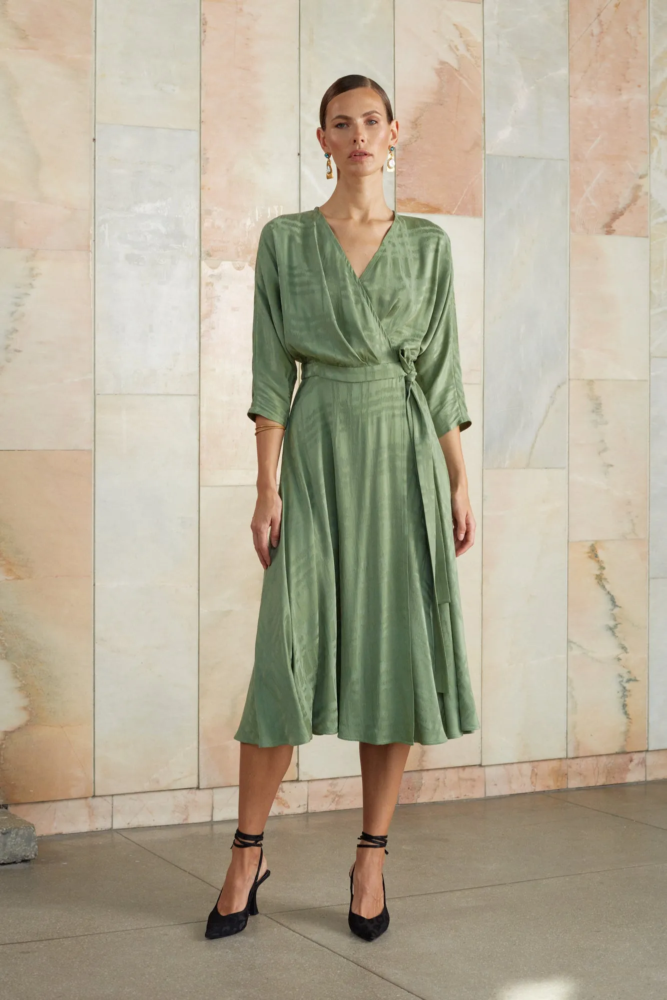 CLEO sage green midi wrap dress