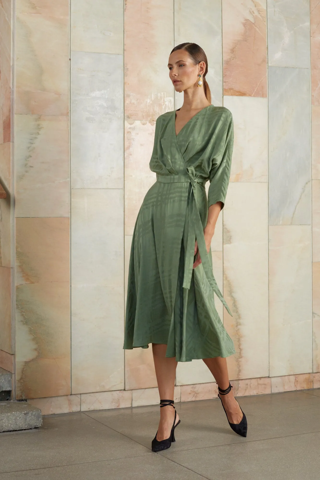 CLEO sage green midi wrap dress