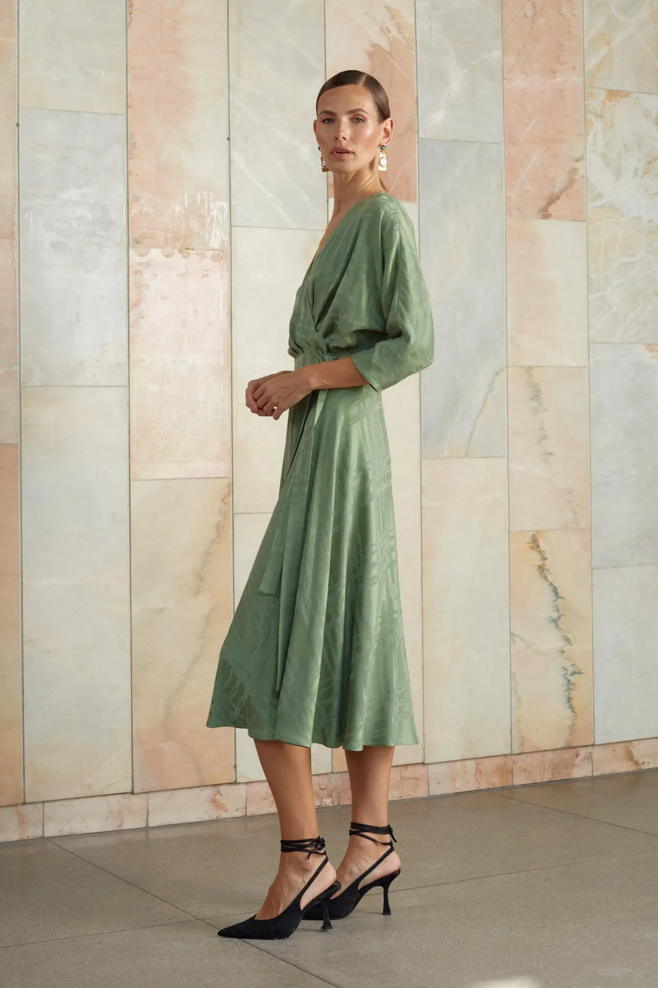 CLEO sage green midi wrap dress