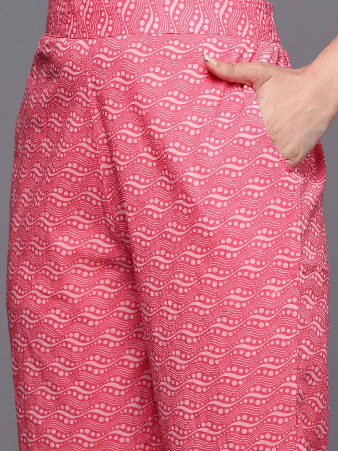 Coral Printed Cotton A-Line Kurta With Trousers