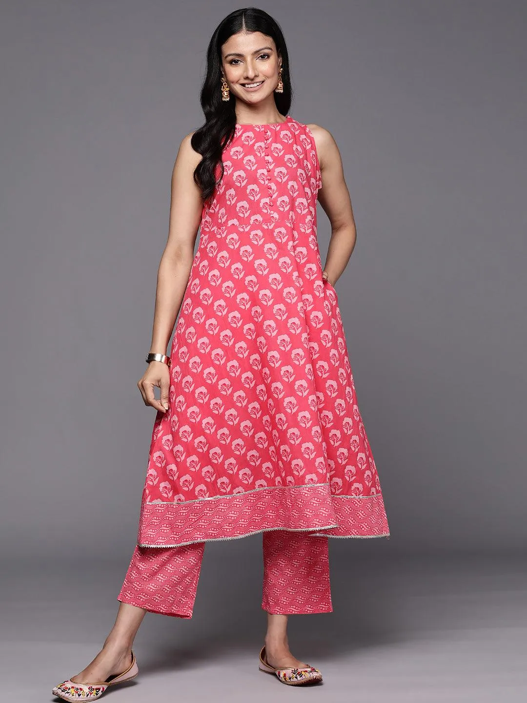 Coral Printed Cotton A-Line Kurta With Trousers