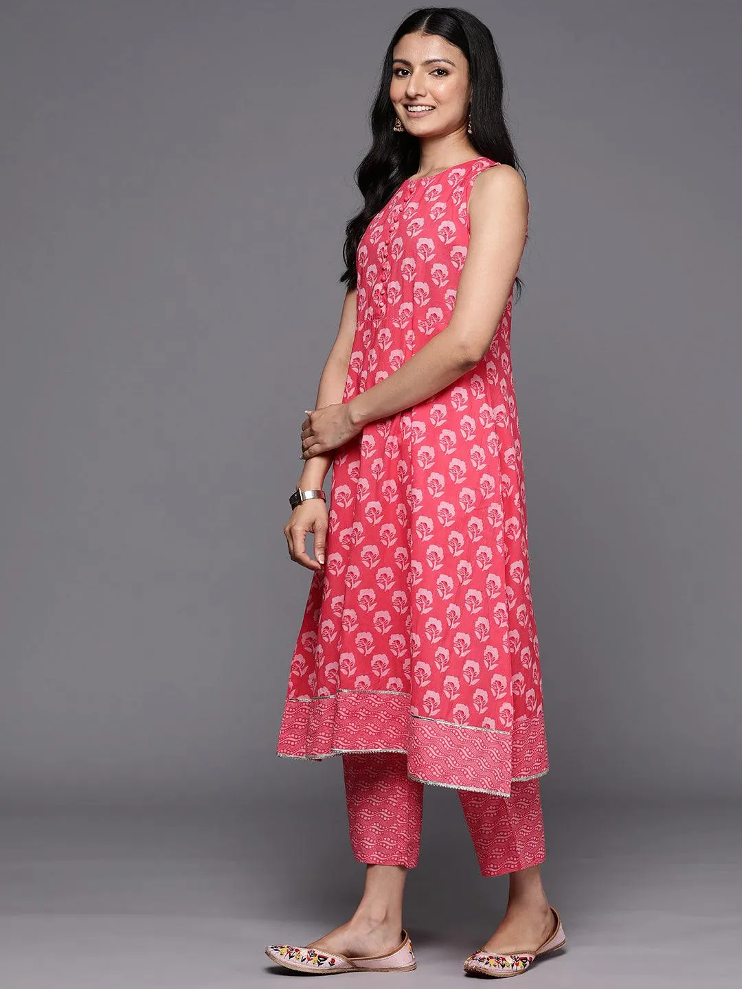 Coral Printed Cotton A-Line Kurta With Trousers